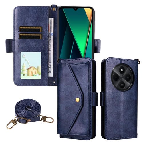 Funda de piel de vacuno cruzada con ranuras para múltiples tarjetas para Redmi 14C 5G / 4G / A4 5G (azul)
