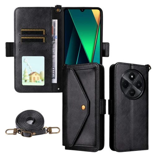 Funda de piel de vacuno cruzada con ranuras para múltiples tarjetas para Redmi 14C 5G / 4G / A4 5G (negra)