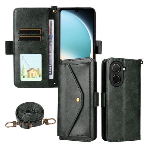 Funda de piel de vacuno cruzada con ranuras para múltiples tarjetas para Xiaomi Poco C71 / Redmi A5 4G (171,7 mm, verde)