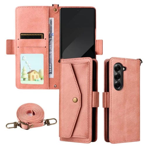 Funda de piel de vacuno cruzada con ranuras para múltiples tarjetas para Samsung Galaxy Z Fold2 5G (rosa)