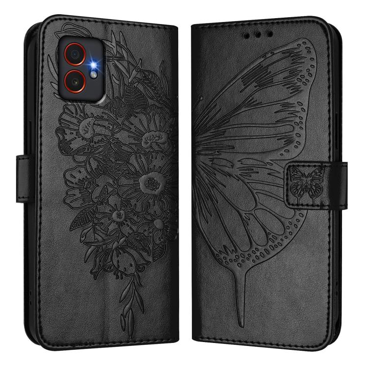 Funda de piel con diseño de mariposa en relieve para Samsung Galaxy XCover7 Pro (negra)