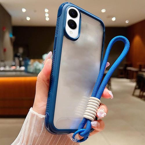 Funda de acrílico transparente de TPU con borde liso y correa para la muñeca para Samsung Galaxy S25 Edge 5G (azul real)