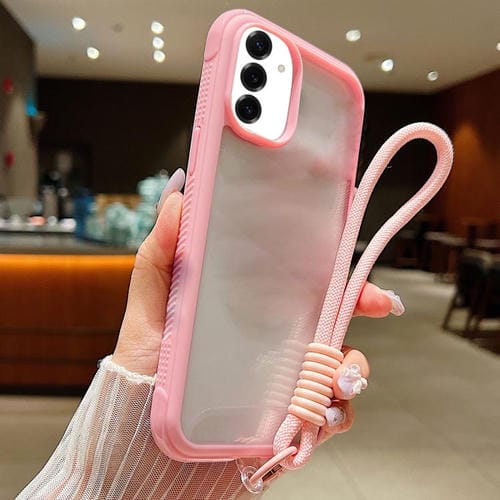 Funda de acrílico transparente de TPU con borde liso y correa para la muñeca para Samsung Galaxy S25/S24 5G (rosa)