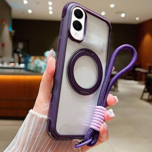 Funda MagSafe para Samsung Galaxy S25 Edge 5G con borde transparente, rotación y correa de muñeca (morado oscuro)