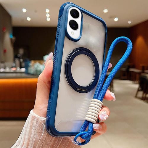 Funda MagSafe para Samsung Galaxy S25 Edge 5G, color sólido, transparente, con soporte giratorio y correa de muñeca (azul rey)