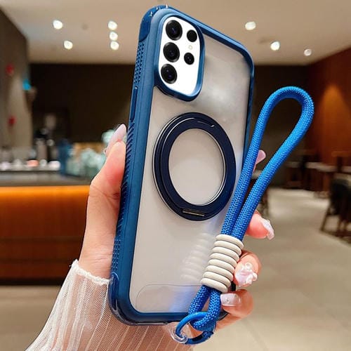 Funda MagSafe transparente con borde liso y soporte giratorio para Samsung Galaxy S25 Ultra / S24 Ultra 5G, con correa para la muñeca (azul rey)