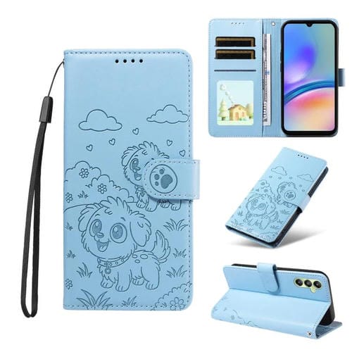 Funda de cuero tipo billetera con bloqueo RFID y diseño de corazón de perro en relieve para Samsung Galaxy A05s (azul cielo)