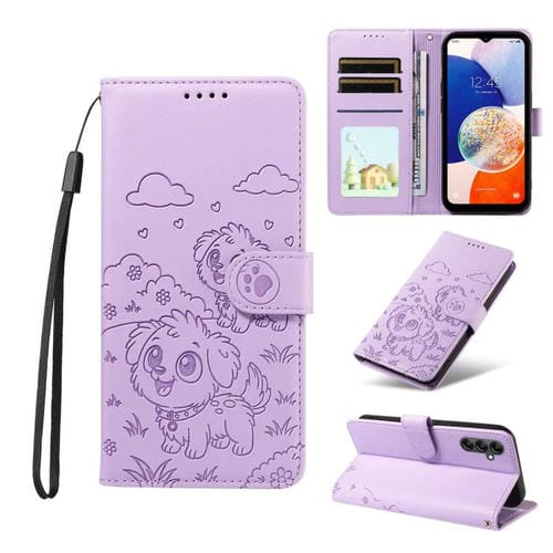 Funda de cuero tipo billetera con bloqueo RFID y diseño de corazón de perro en relieve para Samsung Galaxy A14 4G/5G (morado)
