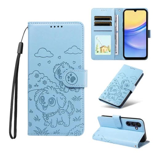 Funda de cuero con bloqueo RFID para Samsung Galaxy A15 4G/5G, con diseño de corazón y perro en relieve (azul cielo)
