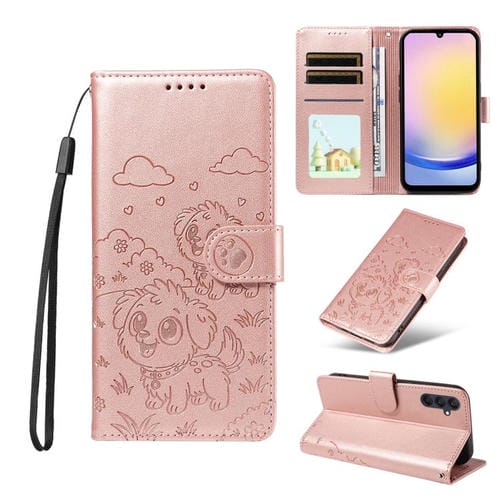 Funda de cuero con bloqueo RFID para Samsung Galaxy A25 5G, con diseño de corazón y perro en relieve (oro rosa)