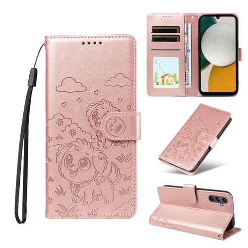 Funda de cuero tipo billetera con bloqueo RFID para Samsung Galaxy A34 5G, con diseño de corazón y perro en relieve (oro rosa)