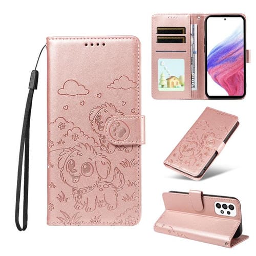 Funda de cuero tipo billetera con bloqueo RFID para Samsung Galaxy A53 5G, con diseño de corazón en relieve y perro (oro rosa)
