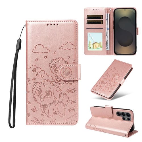 Funda de cuero tipo billetera con bloqueo RFID para Samsung Galaxy S25 Ultra 5G, con diseño de corazón y perro en relieve (oro rosa)