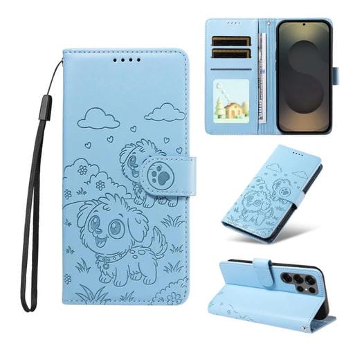 Funda de cuero tipo billetera con bloqueo RFID y diseño de corazón de perro en relieve para Samsung Galaxy S25 Ultra 5G (azul cielo)