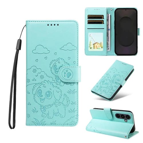Funda de cuero con bloqueo RFID para Samsung Galaxy S25 FE 5G, diseño de corazón con perro en relieve (verde)