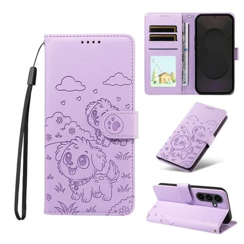 Funda de cuero tipo billetera con bloqueo RFID para Samsung Galaxy S25 FE 5G, con diseño de corazón y perro en relieve (morado)