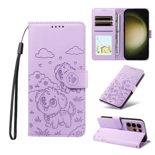 Funda de cuero tipo billetera con bloqueo RFID y diseño de corazón de perro en relieve para Samsung Galaxy S23 Ultra 5G (morado)