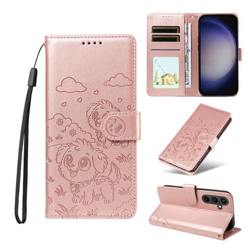 Funda de cuero con bloqueo RFID para Samsung Galaxy S23 FE 5G, diseño de corazón con perro en relieve (oro rosa)