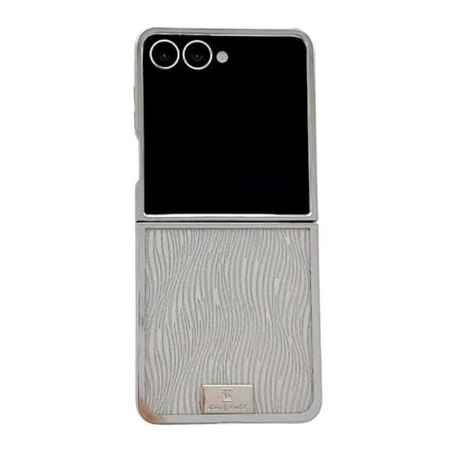 Funda para Samsung Galaxy Z Flip7 5G con marco chapado, placa de identificación de papel brillante y cobertura total (plata ondulada)