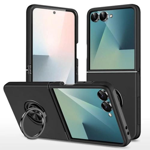 Funda magnética de PC + TPU para Samsung Galaxy Z Flip7 5G con soporte de anillo invisible (negro)