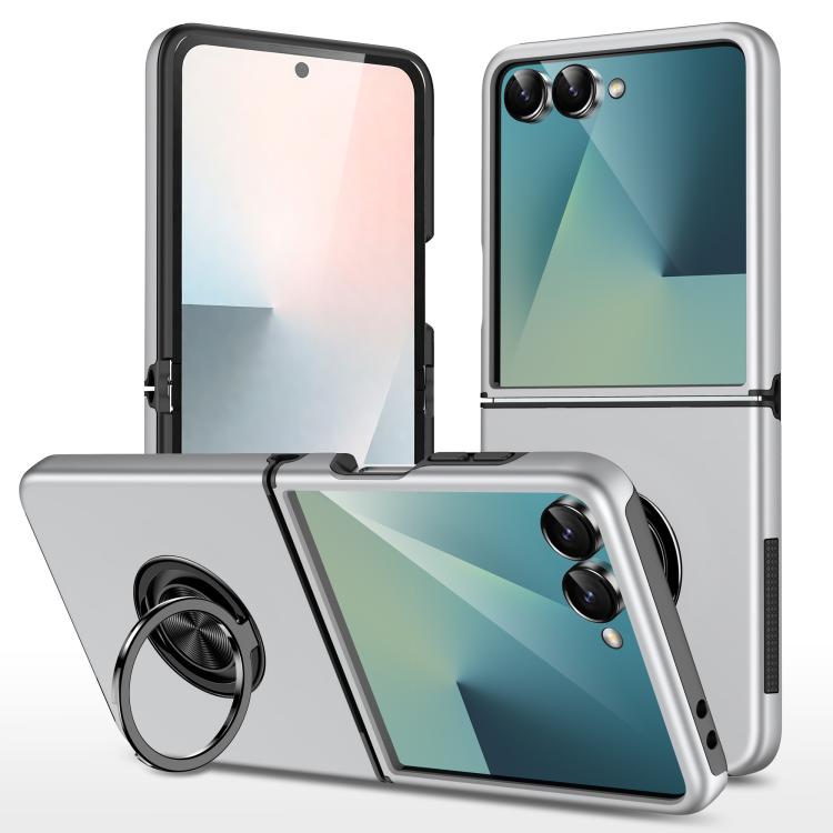 Funda magnética de PC + TPU para Samsung Galaxy Z Flip7 5G con anillo invisible (plateada)