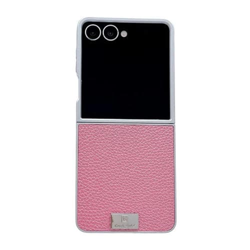 Funda para Samsung Galaxy Z Flip7 5G con marco plateado, textura de lichi, placa de identificación y cobertura total (rosa)