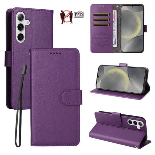 Funda de cuero con textura Litchi para Samsung Galaxy S25/S24 5G, con bloqueo RFID y capacidad para 3 tarjetas (morado)