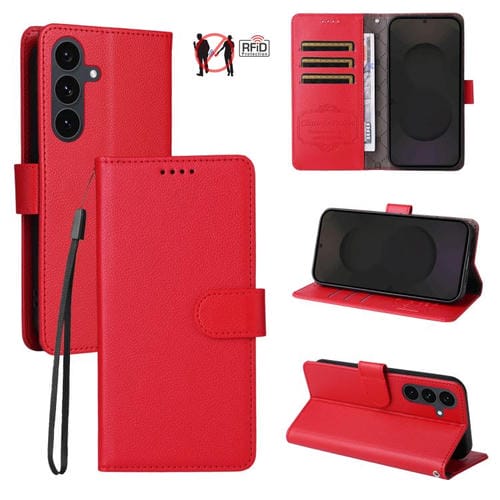 Funda de cuero con textura Litchi para Samsung Galaxy S25 FE 5G, con bloqueo RFID y capacidad para 3 tarjetas (roja)