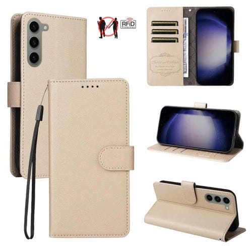 Funda de cuero tipo billetera con bloqueo RFID para Samsung Galaxy S23 5G, textura Litchi, para 3 tarjetas (beige)