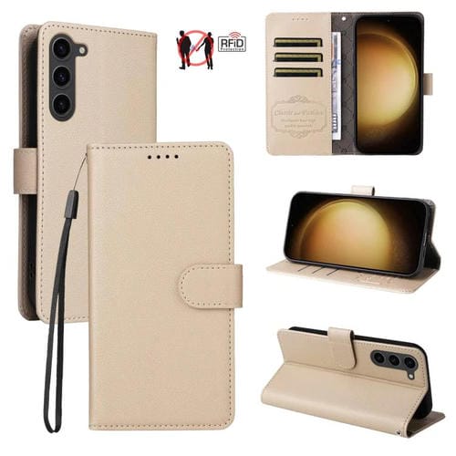 Funda de cuero tipo billetera con textura Litchi y bloqueo RFID para Samsung Galaxy S23+ 5G (beige)