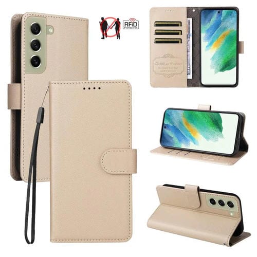 Funda de cuero tipo billetera con textura Litchi y bloqueo RFID para Samsung Galaxy S21 FE 5G (beige)