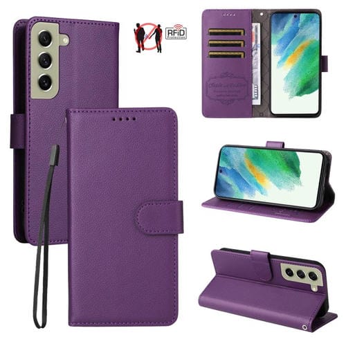 Funda de cuero tipo billetera con bloqueo RFID para Samsung Galaxy S21 FE 5G, textura Litchi, para 3 tarjetas (morado)