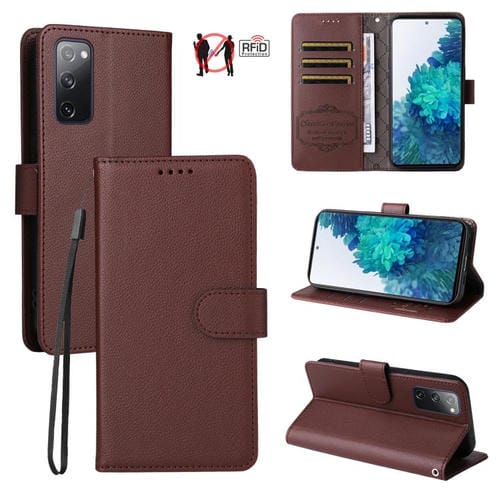 Funda de cuero con textura Litchi para Samsung Galaxy S20 FE, con bloqueo RFID y capacidad para 3 tarjetas (marrón)