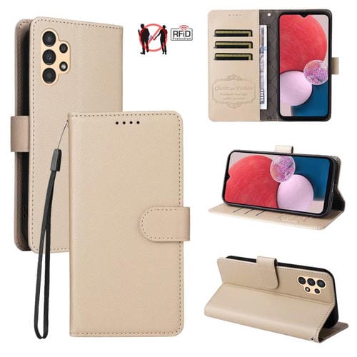 Funda de cuero tipo billetera con bloqueo RFID para Samsung Galaxy A13 4G/5G, textura Litchi, para 3 tarjetas (beige)