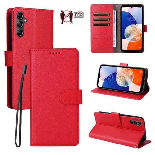 Funda de cuero tipo billetera con bloqueo RFID para Samsung Galaxy A14 4G/5G, textura Litchi, para 3 tarjetas (roja)