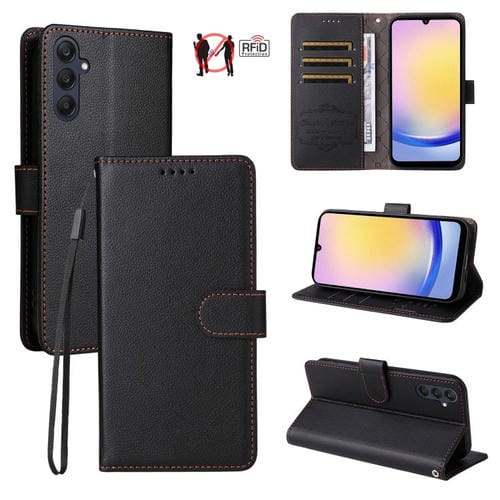 Funda de cuero con textura Litchi Global para Samsung Galaxy A25 5G, con bloqueo RFID y capacidad para 3 tarjetas (negro)