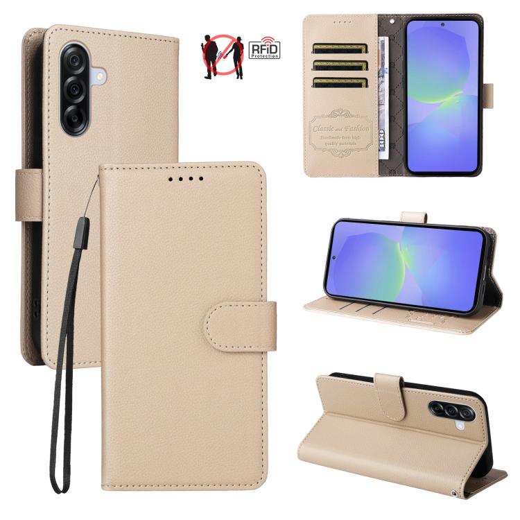 Funda de cuero tipo billetera con textura Litchi y bloqueo RFID para Samsung Galaxy A36 5G (beige)