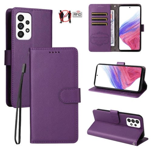 Funda de cuero tipo billetera con bloqueo RFID para Samsung Galaxy A53 5G, textura Litchi, para 3 tarjetas (morado)