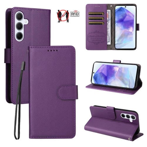Funda de cuero tipo billetera con bloqueo RFID para Samsung Galaxy A55 5G, textura Litchi, para 3 tarjetas (morado)