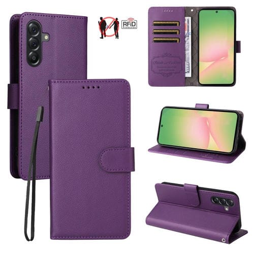 Funda de cuero tipo billetera con bloqueo RFID para Samsung Galaxy A56 5G, textura Litchi, para 3 tarjetas (morado)