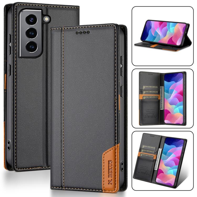 Funda de cuero con tapa magnética y costuras RFID para Samsung Galaxy S21 5G N.BEKUS P3 (negra)