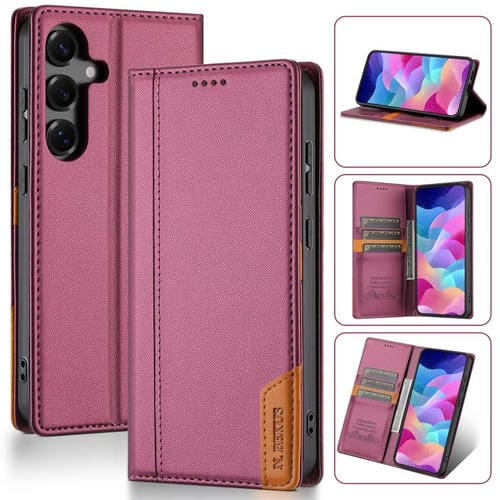 Funda de cuero con tapa magnética y costuras RFID para Samsung Galaxy S25 5G N.BEKUS P3 (rojo vino)