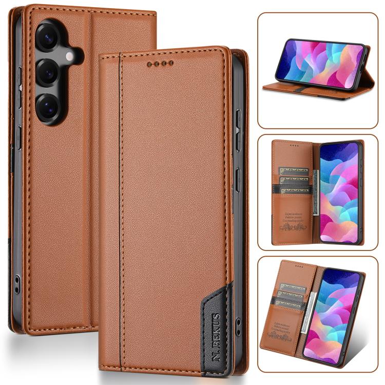 Funda de cuero con tapa magnética y costuras RFID para Samsung Galaxy S25 5G N.BEKUS P3 (marrón)
