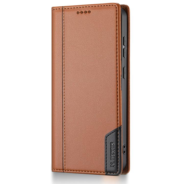Funda de cuero con tapa magnética y costuras RFID para Samsung Galaxy S25 5G N.BEKUS P3 (marrón)