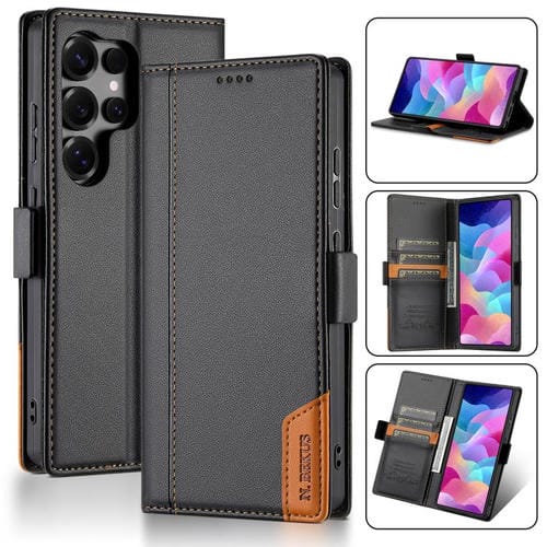 Funda de cuero con tapa magnética y costuras RFID para Samsung Galaxy S24 Ultra 5G N.BEKUS P3 (negro)