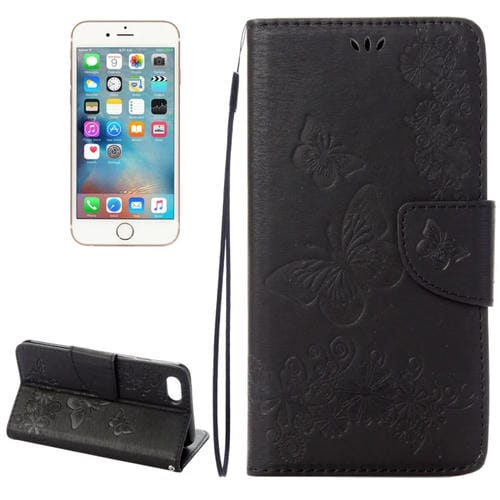 Funda de Cuero con Tapa Horizontal para iPhone 8 y 7 con Diseño de Mariposa y Flores Prensadas Soporte Ranuras Tarjetas Billetera (Negro)
