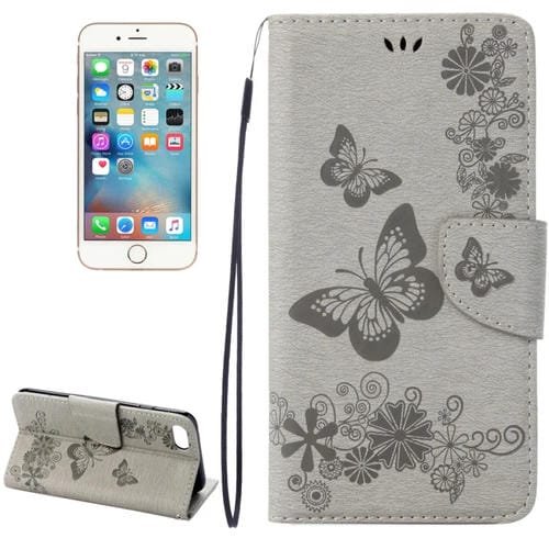 Funda de Cuero para iPhone 8 y 7 con Tapa Horizontal, Mariposa de Flores Prensadas, Soporte, Ranuras para Tarjetas y Billetera (Gris)