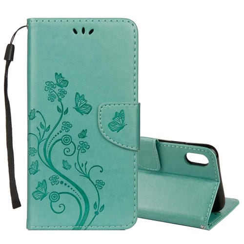 Estuche de Cuero para iPhone Xr con Tapa Horizontal Patrón Mariposa Ranura Tarjeta Soporte Billetera Cordón (Verde)