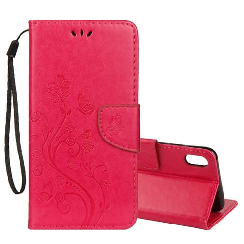 Estuche de Cuero para iPhone Xr con Tapa Horizontal Patrón Mariposa Ranura Tarjeta Soporte Billetera Cordón (Magenta)