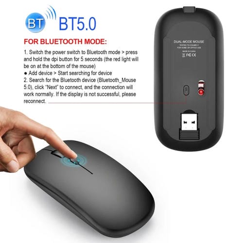 Mouse inalámbrico Hxsj M90 2.4Ghz ultradelgado silencioso recargable modo dual Bluetooth para notebook PC (Negro)